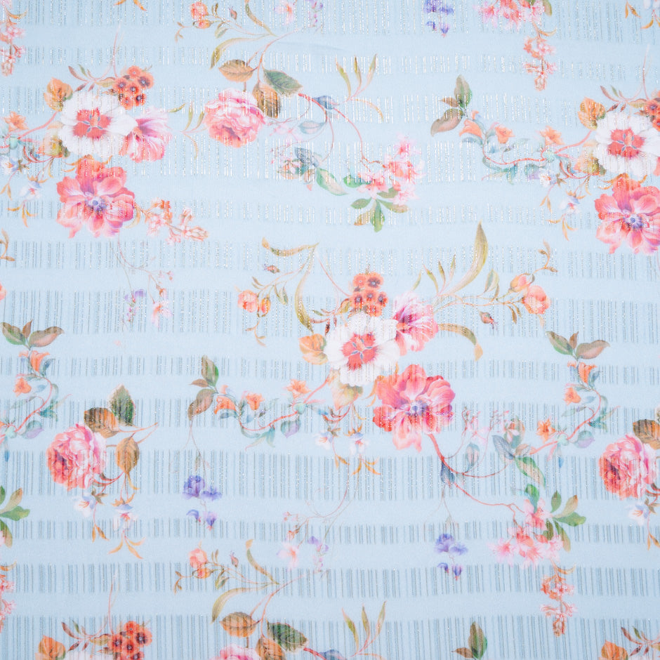 Floral Printed Blue Silk Metallic Georgette Jacquard
