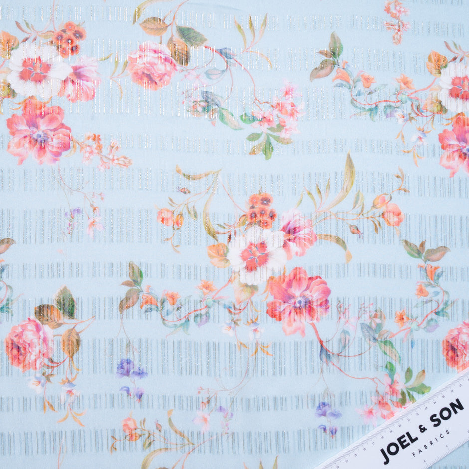 Floral Printed Blue Silk Metallic Georgette Jacquard