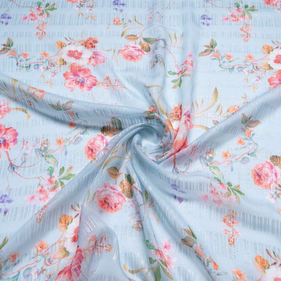 Floral Printed Blue Silk Metallic Georgette Jacquard