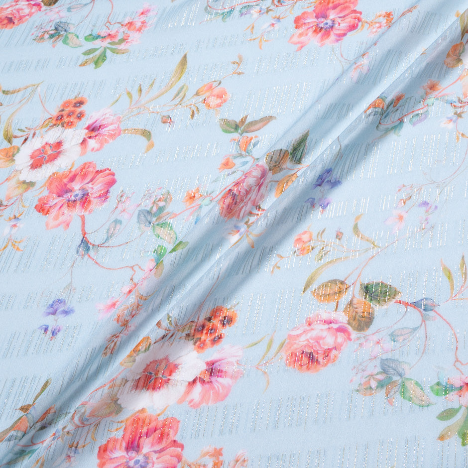 Floral Printed Blue Silk Metallic Georgette Jacquard