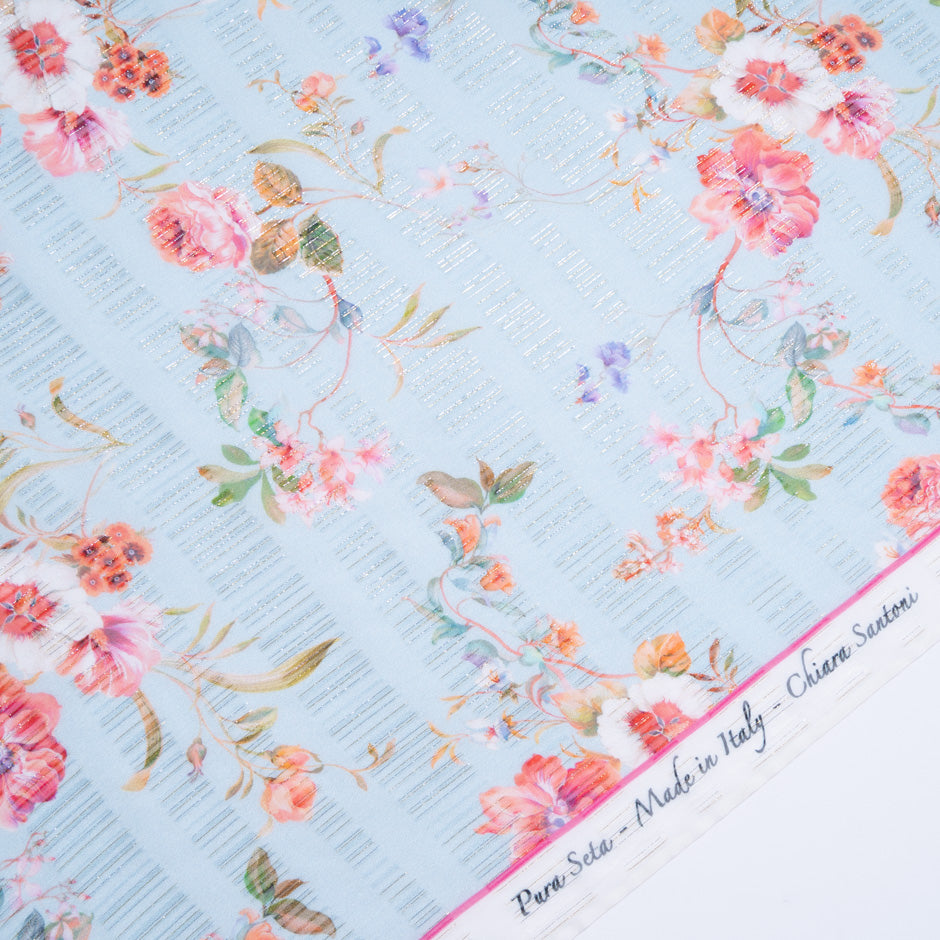 Floral Printed Blue Silk Metallic Georgette Jacquard