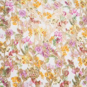 Wild Floral Printed Ivory Cotton Blend Metallic Jacquard