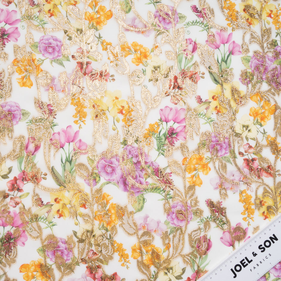 Wild Floral Printed Ivory Cotton Metallic Jacquard Voile