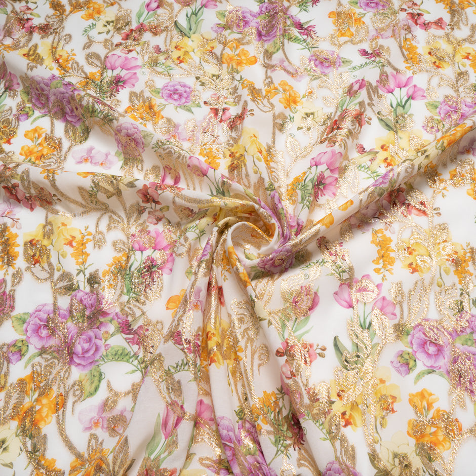 Wild Floral Printed Ivory Cotton Metallic Jacquard Voile