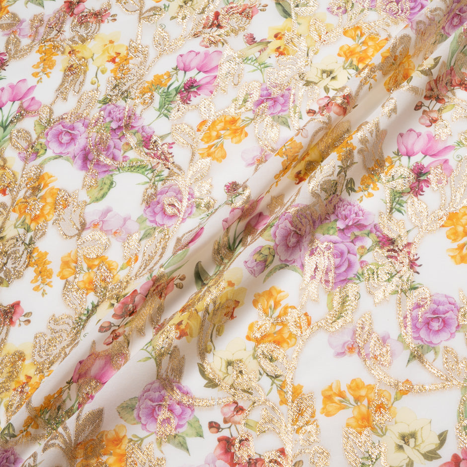 Wild Floral Printed Ivory Cotton Blend Metallic Jacquard