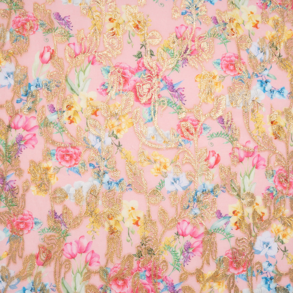 Wild Floral Printed Pink Cotton Metallic Jacquard Voile (A 2.20m Piece)