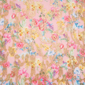 Wild Floral Printed Pink Cotton Blend Metallic Jacquard