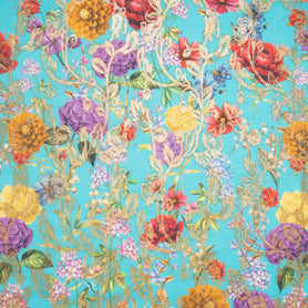Bold Floral Printed Turquoise Cotton Blend Metallic Jacquard