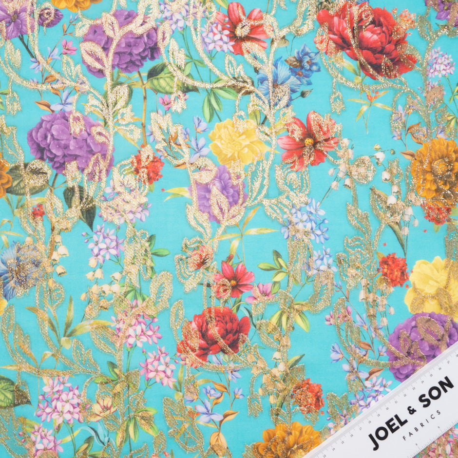 Bold Floral Printed Turquoise Cotton Blend Metallic Jacquard (A 2.35m Piece)