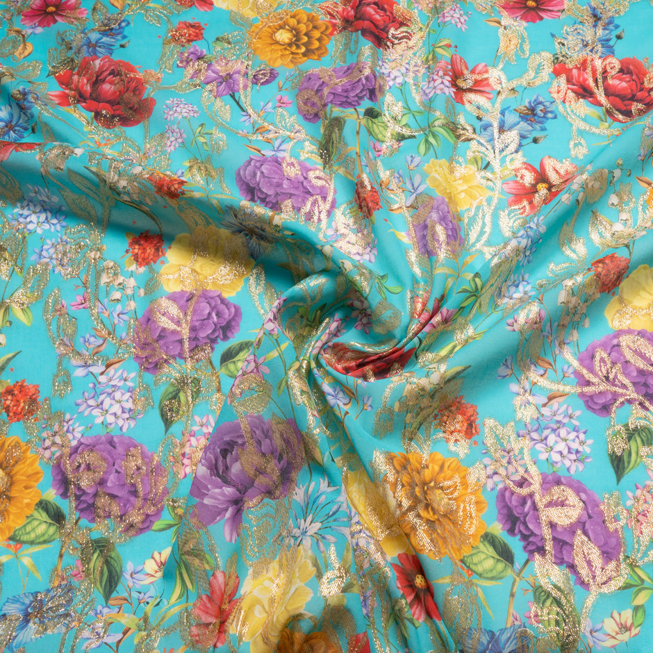 Bold Floral Printed Turquoise Cotton Blend Metallic Jacquard (A 2.35m Piece)