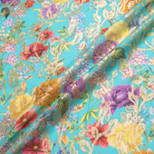 Bold Floral Printed Turquoise Cotton Blend Metallic Jacquard