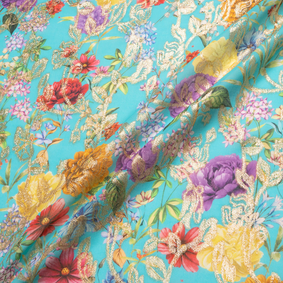 Bold Floral Printed Turquoise Cotton Blend Metallic Jacquard