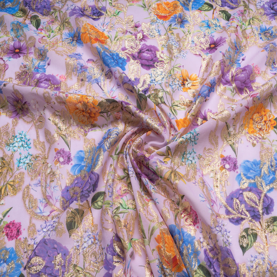 Floral Printed Lilac Cotton Metallic Jacquard Voile