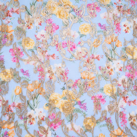 Wild Floral Printed Blue Cotton Blend Metallic Jacquard
