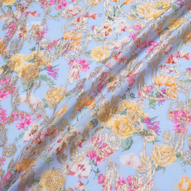 Wild Floral Printed Blue Cotton Blend Metallic Jacquard