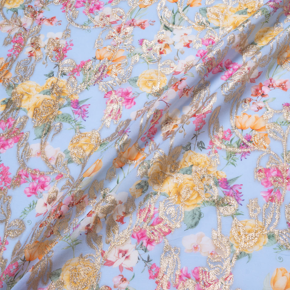 Wild Floral Printed Blue Cotton Blend Metallic Jacquard