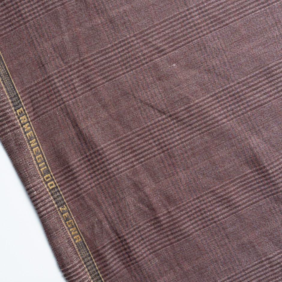 Burnt Red Checkered Wool, Silk & Linen Blend