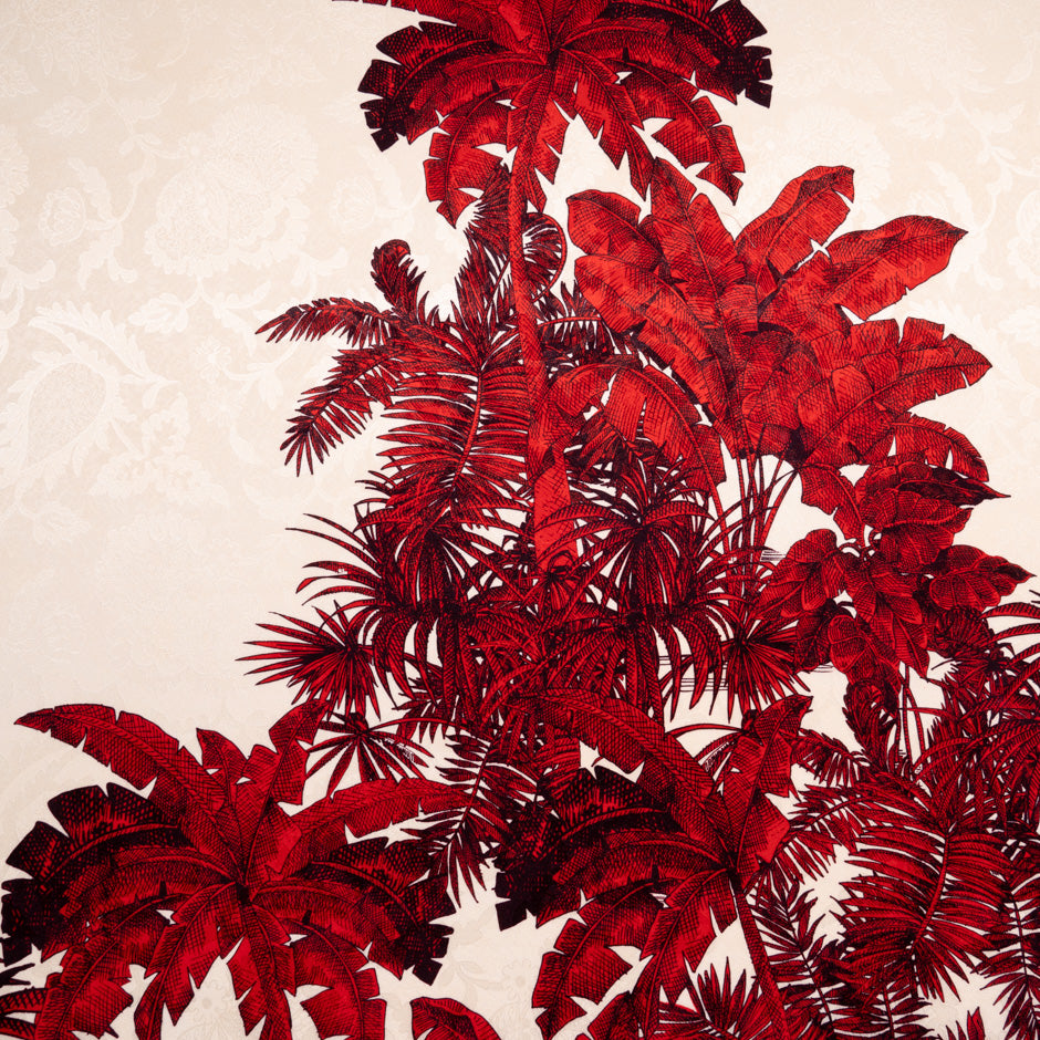 Deep Red Palm Tree Printed Silk Jacquard