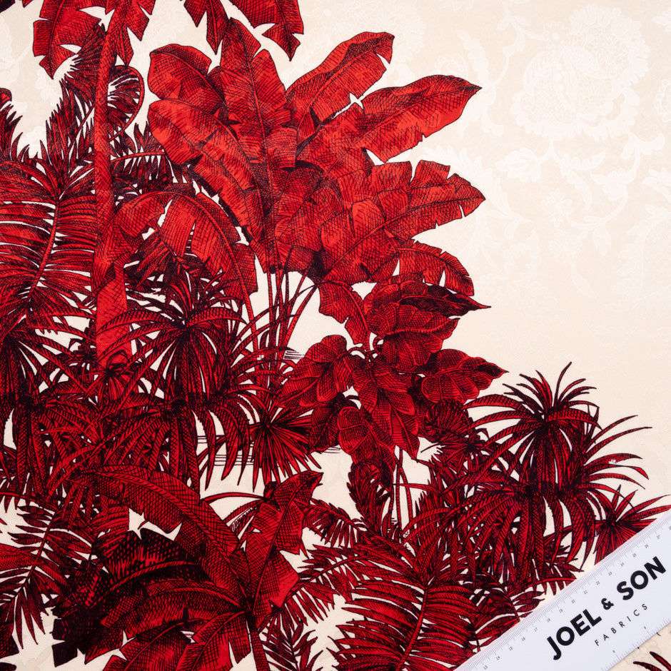Deep Red Palm Tree Printed Silk Jacquard