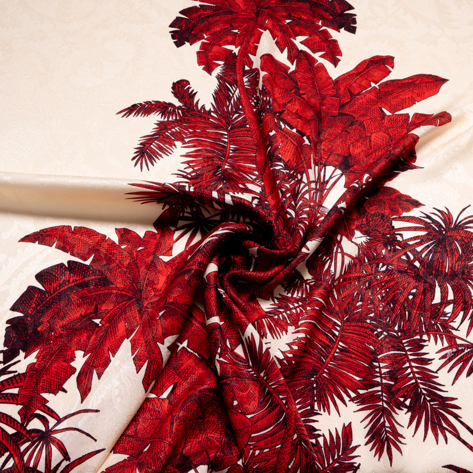 Deep Red Palm Tree Printed Silk Jacquard