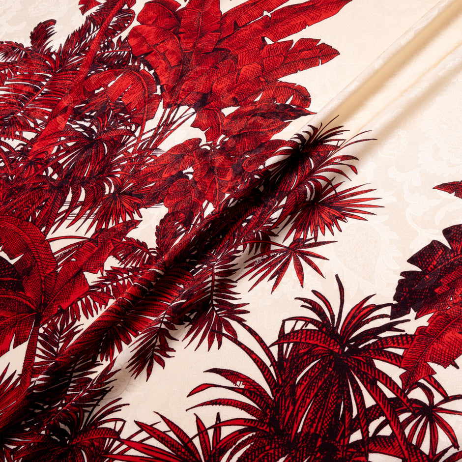 Deep Red Palm Tree Printed Silk Jacquard