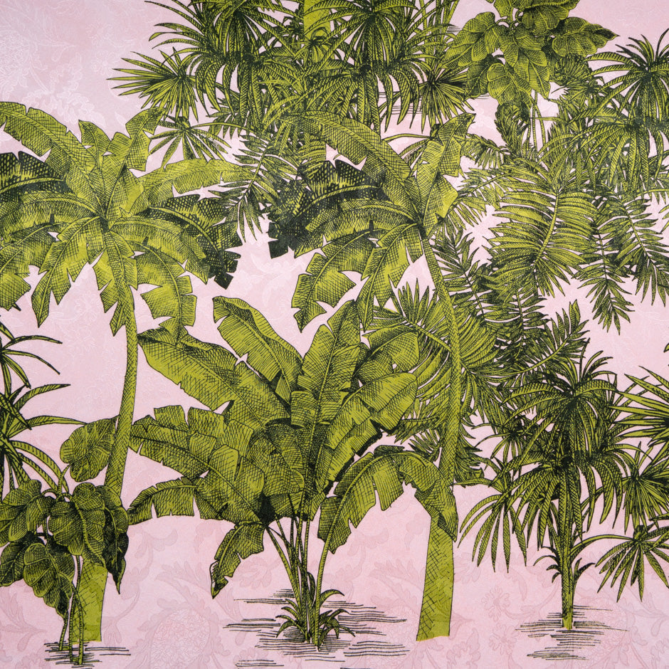 Green Palm Tree Printed Pink Silk Jacquard