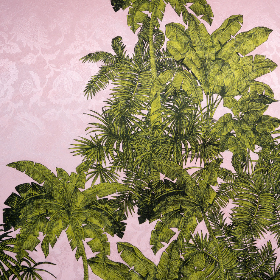 Green Palm Tree Printed Pink Silk Jacquard