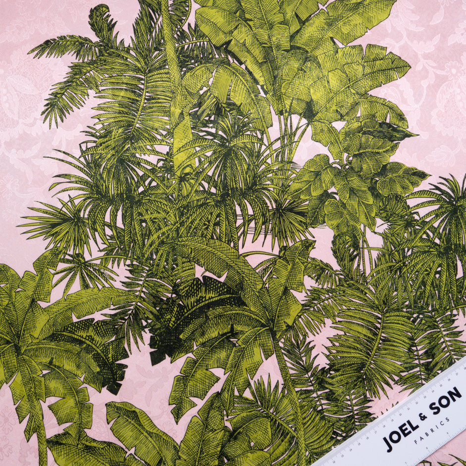 Green Palm Tree Printed Pink Silk Jacquard