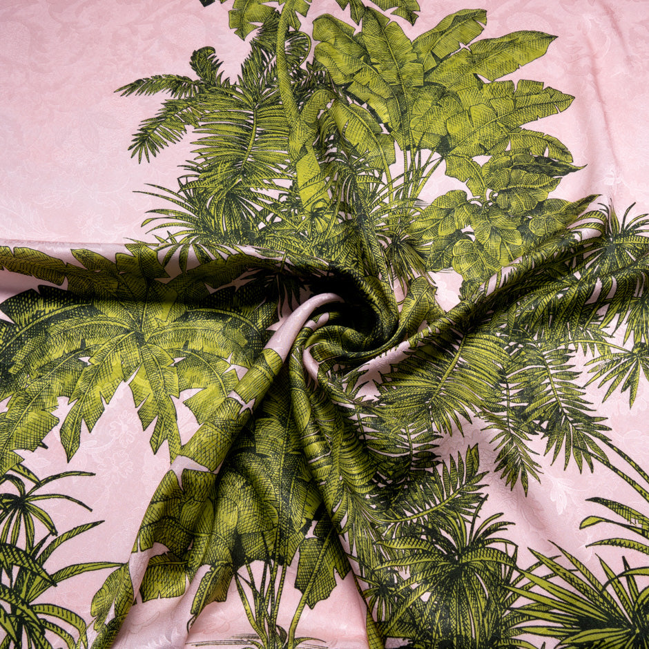 Green Palm Tree Printed Pink Silk Jacquard