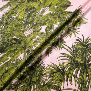 Green Palm Tree Printed Pink Silk Jacquard