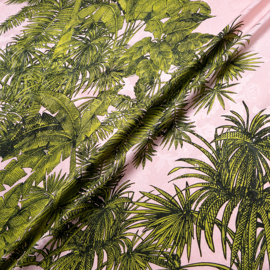Green Palm Tree Printed Pink Silk Jacquard