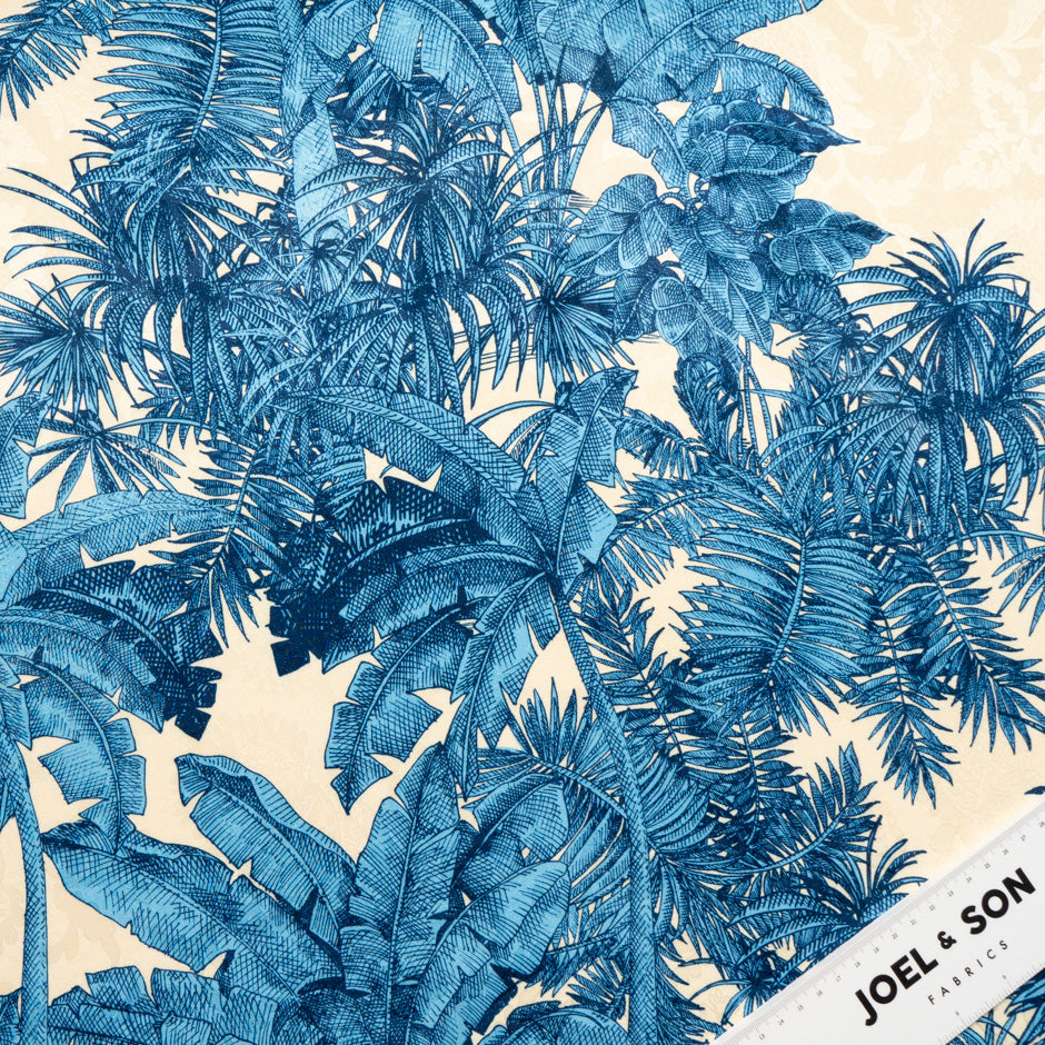 Blue Palm Tree Printed Silk Jacquard
