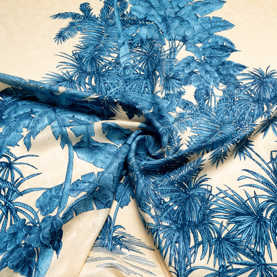 Blue Palm Tree Printed Silk Jacquard