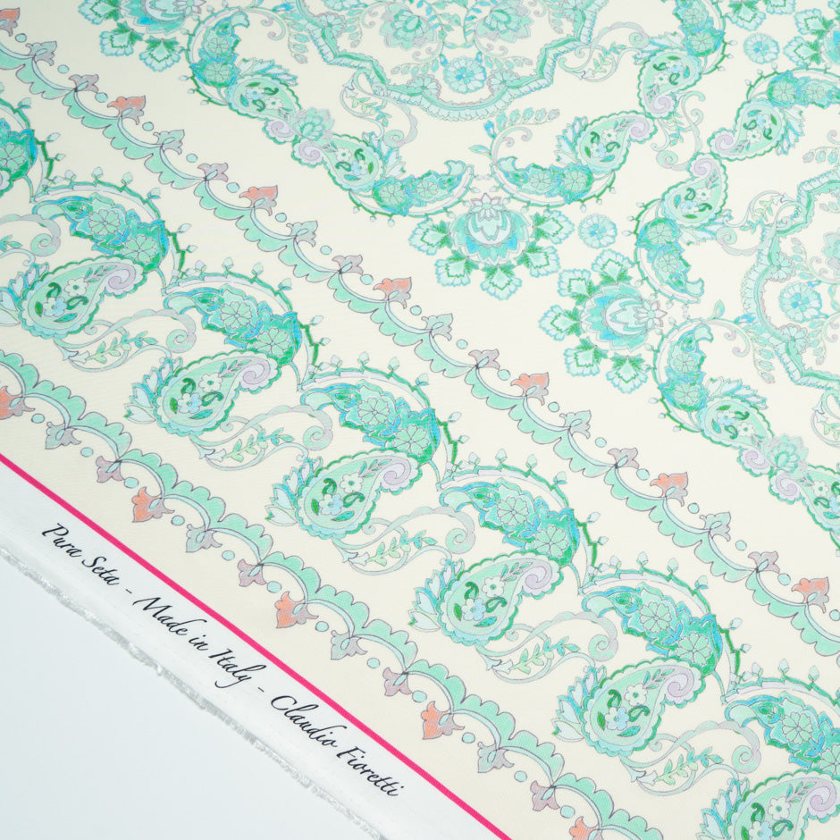 Mint Green Patterned Pure Silk Twill