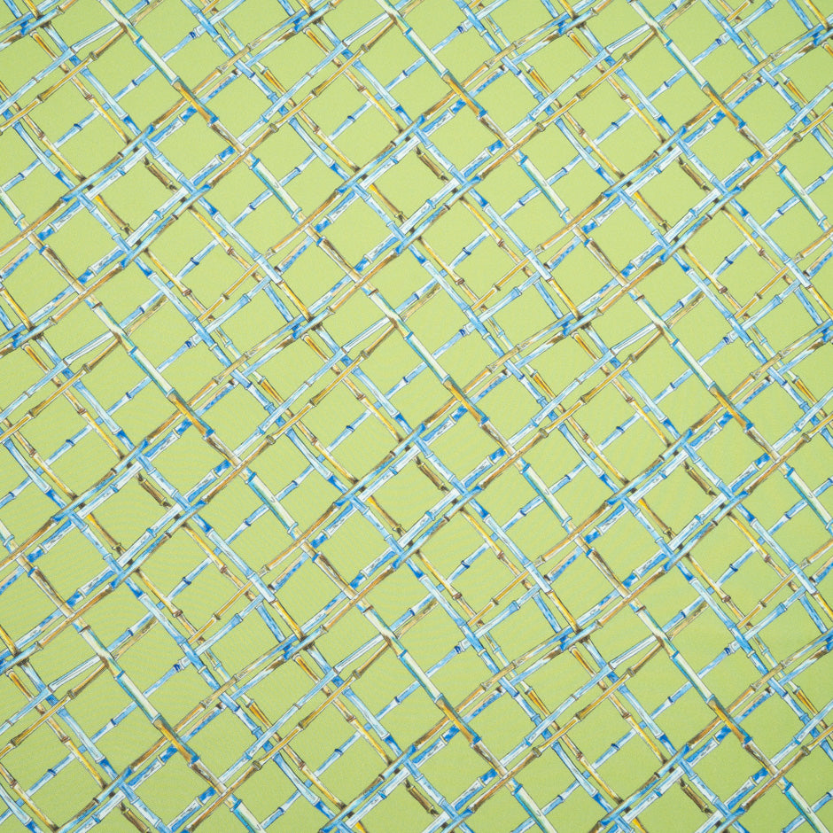 Blue 'Bamboo' Printed Green Silk Twill