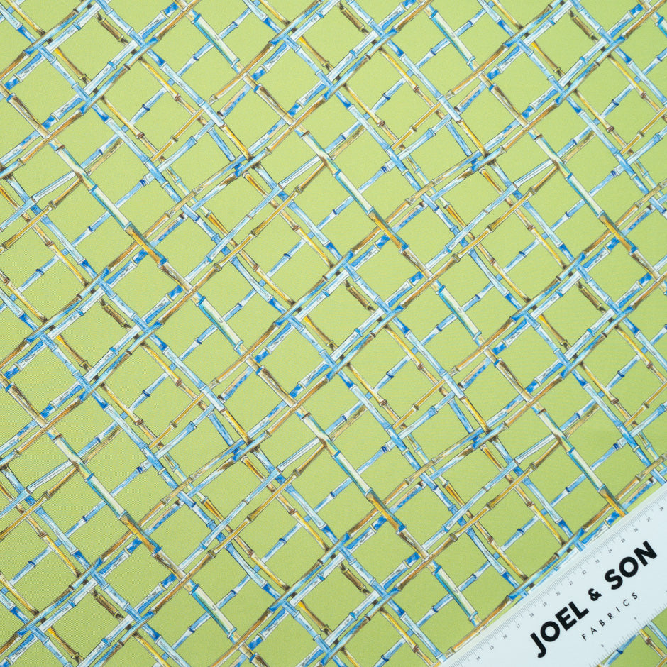 Blue 'Bamboo' Printed Green Silk Twill