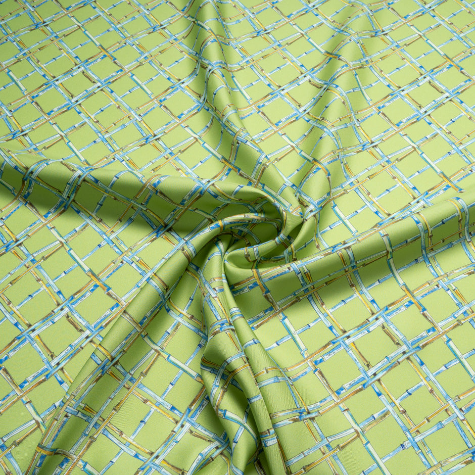 Blue 'Bamboo' Printed Green Silk Twill