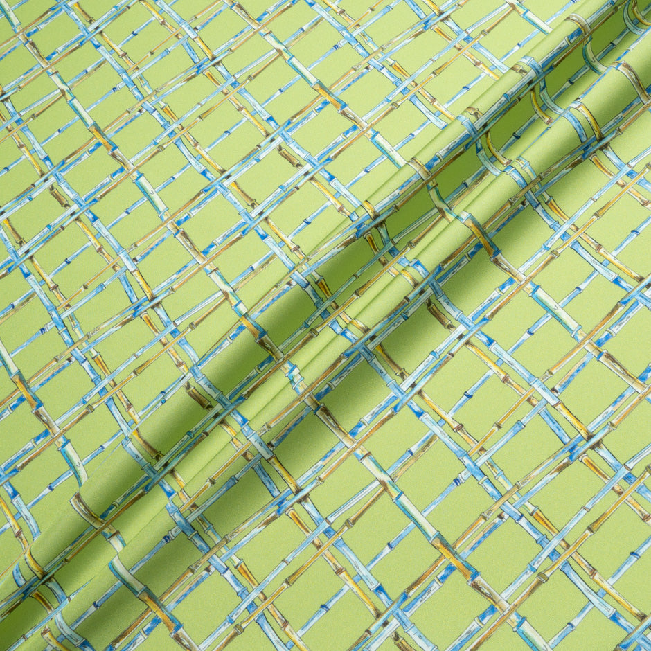Blue 'Bamboo' Printed Green Silk Twill