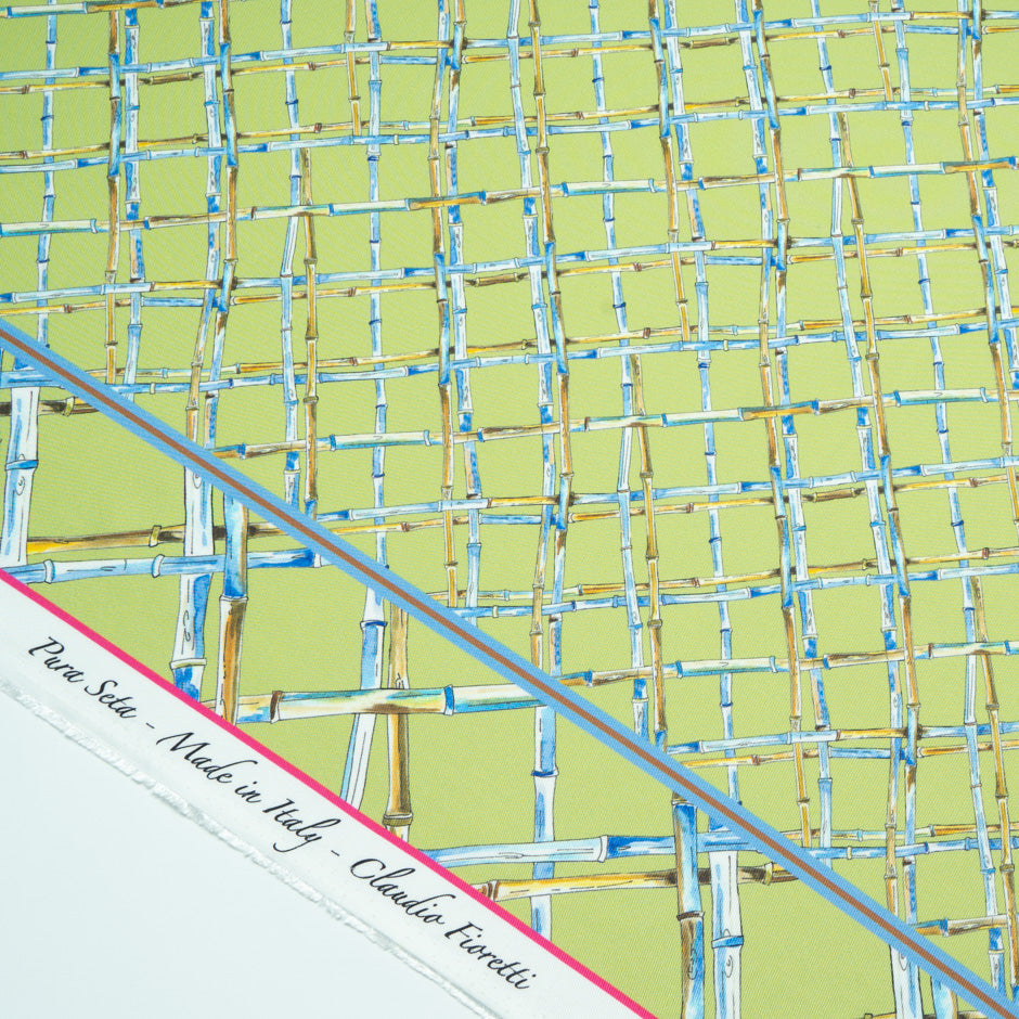 Blue 'Bamboo' Printed Green Silk Twill