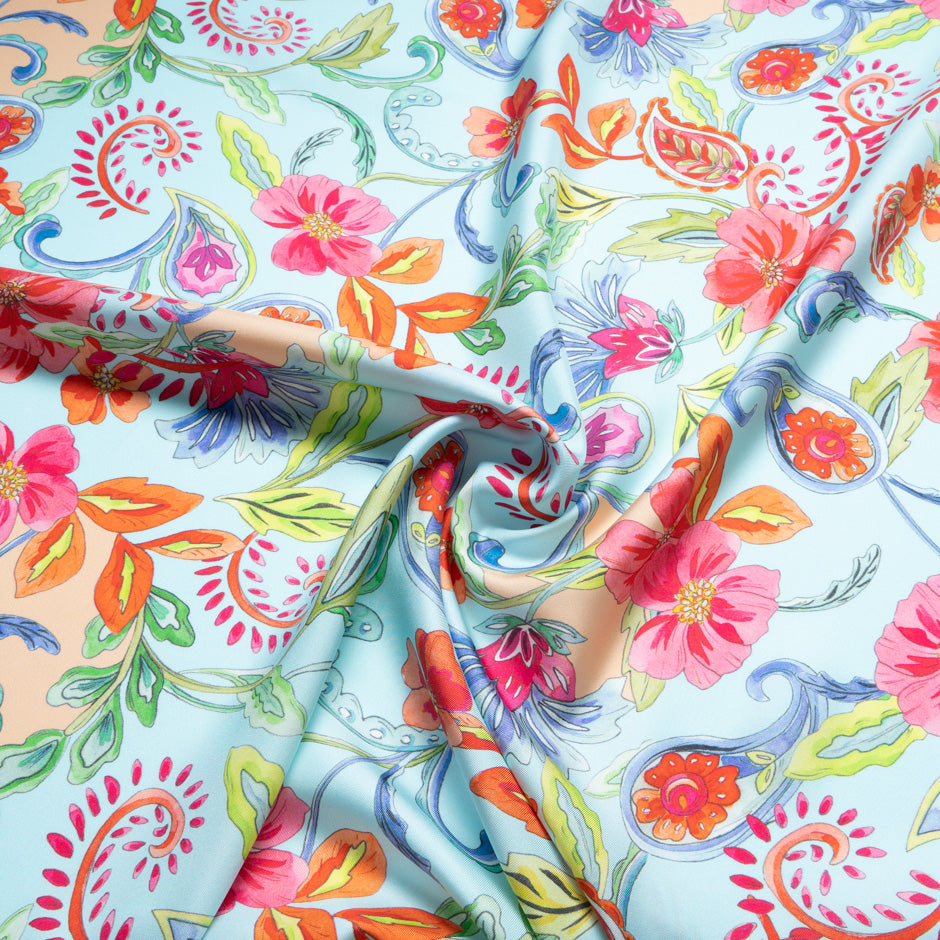 Multi Floral Printed Blue Pure Silk Twill
