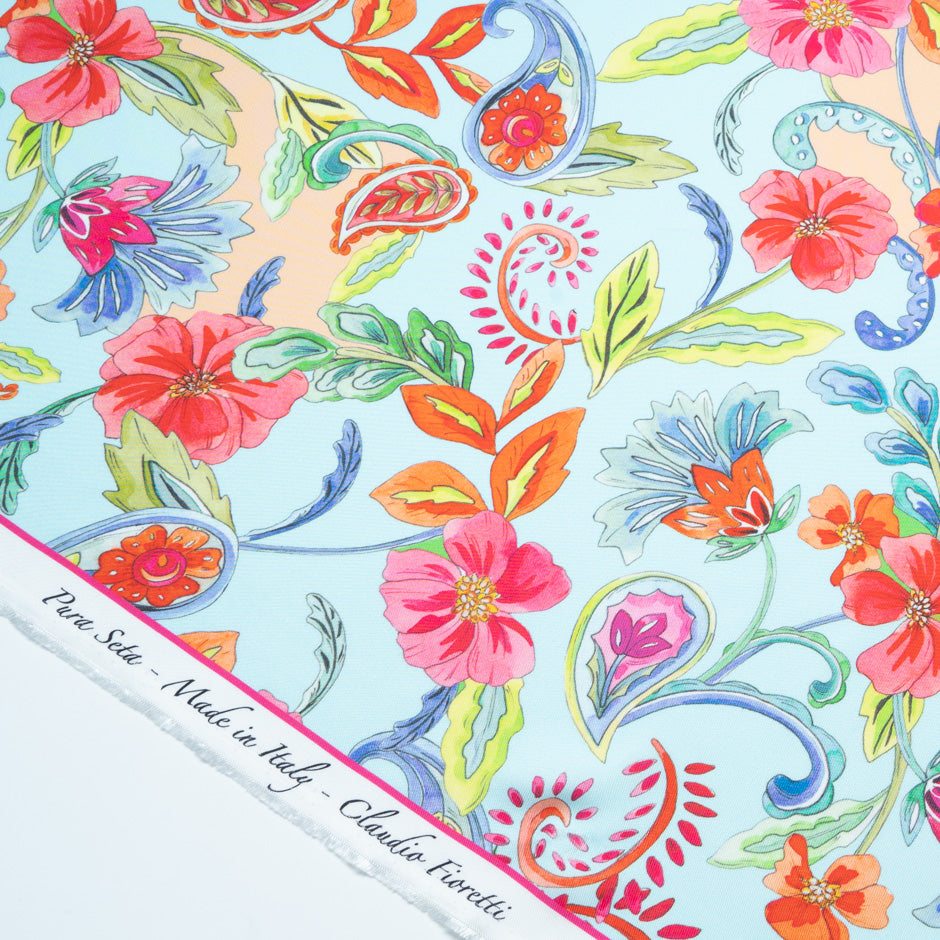 Multi Floral Printed Blue Pure Silk Twill