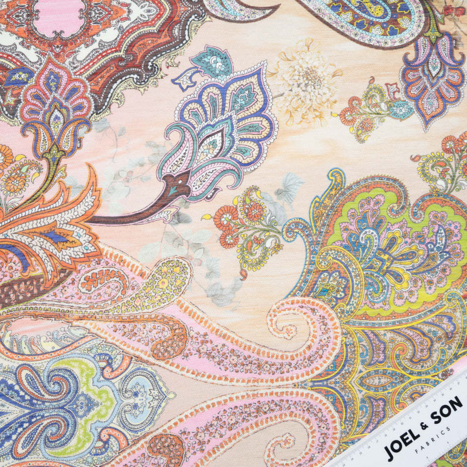 Multi Paisley Printed Peach Linen & Silk Blend