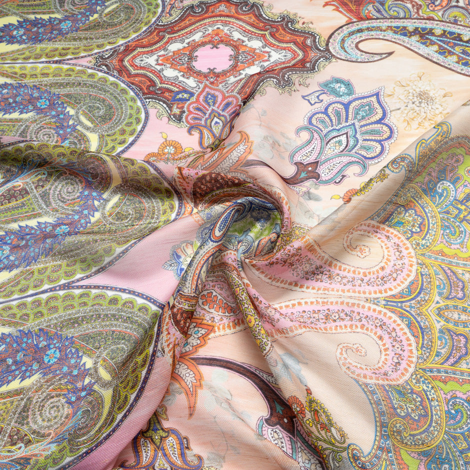 Multi Paisley Printed Peach Linen & Silk Blend