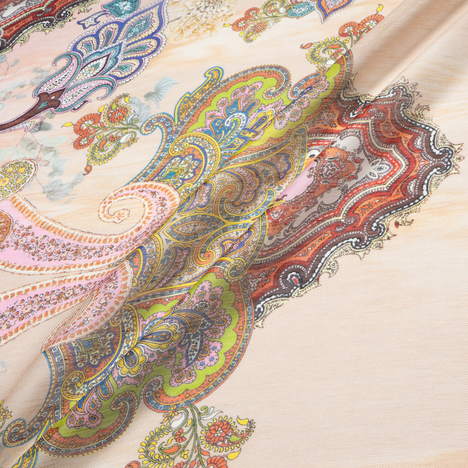 Multi Paisley Printed Peach Linen & Silk Blend