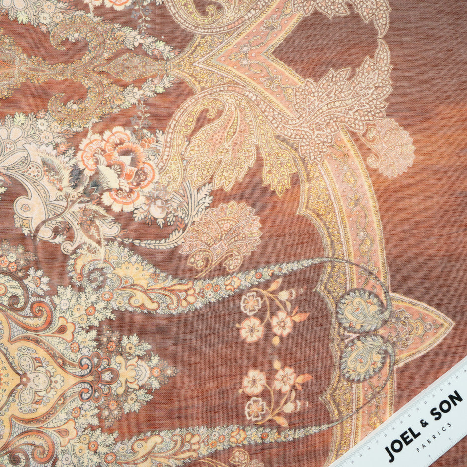Brown Paisley Printed Linen & Silk Blend