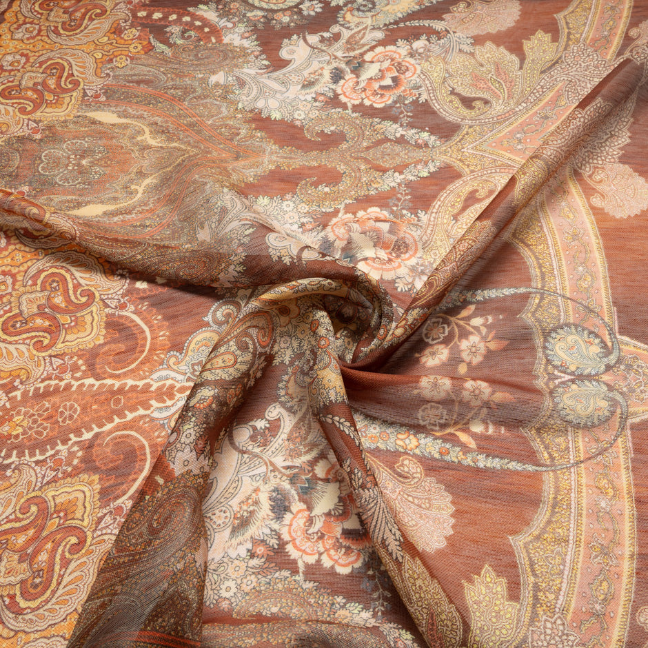Brown Paisley Printed Linen & Silk Blend