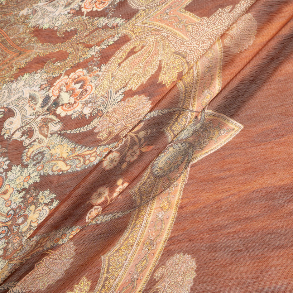 Brown Paisley Printed Linen & Silk Blend