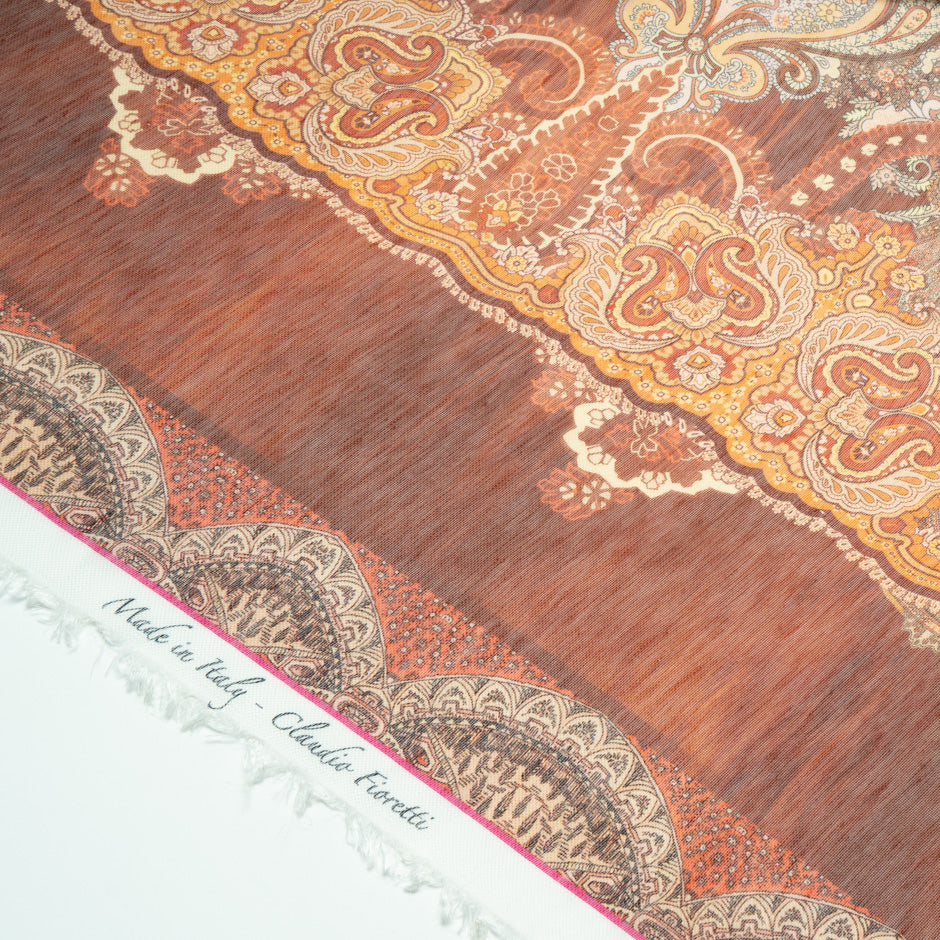 Brown Paisley Printed Linen & Silk Blend