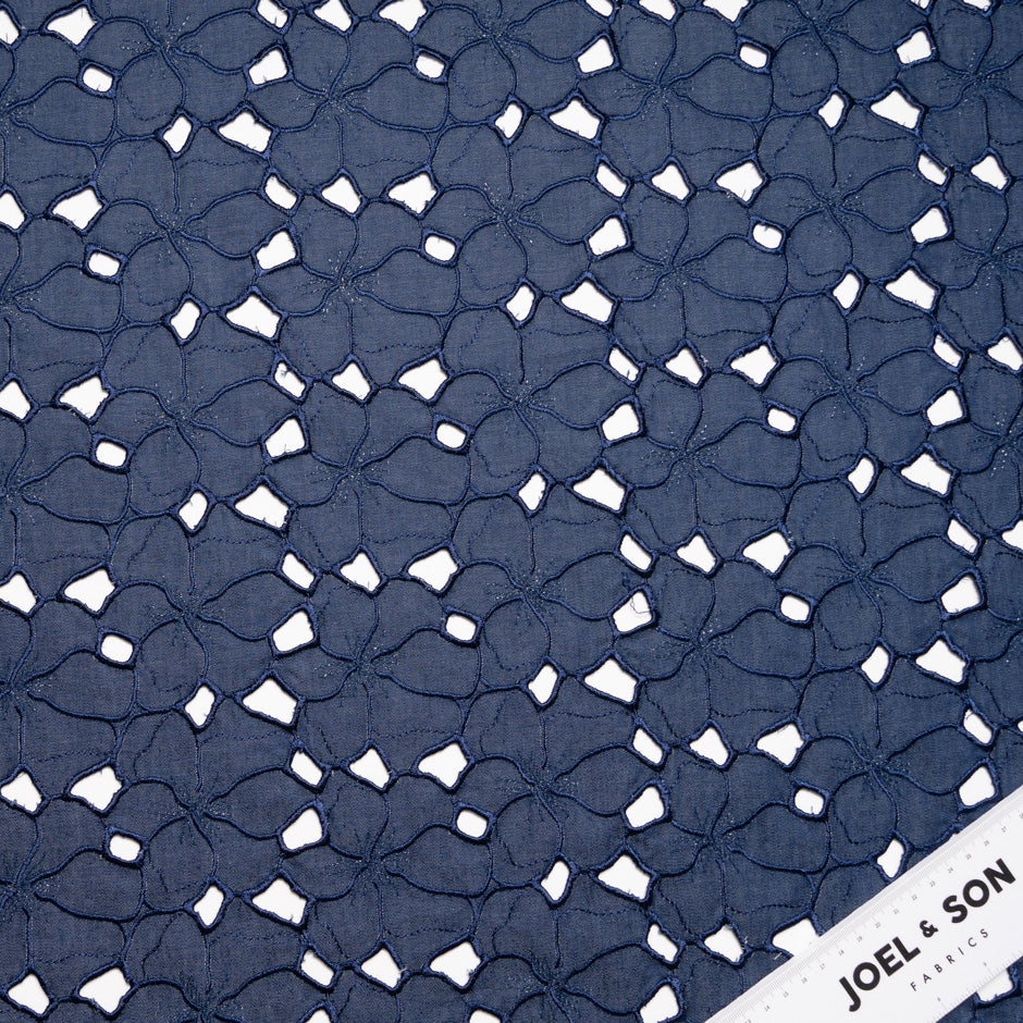 Floral Open Work Pure Cotton Blue Denim
