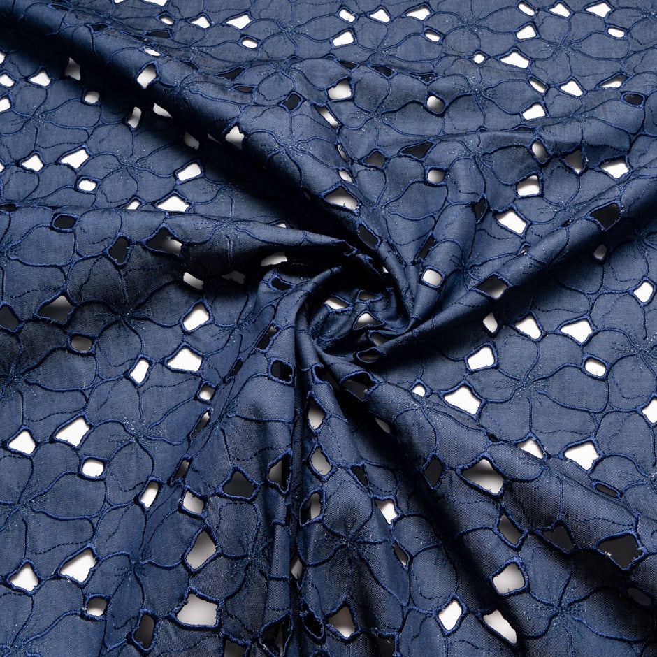 Floral Open Work Pure Cotton Blue Denim
